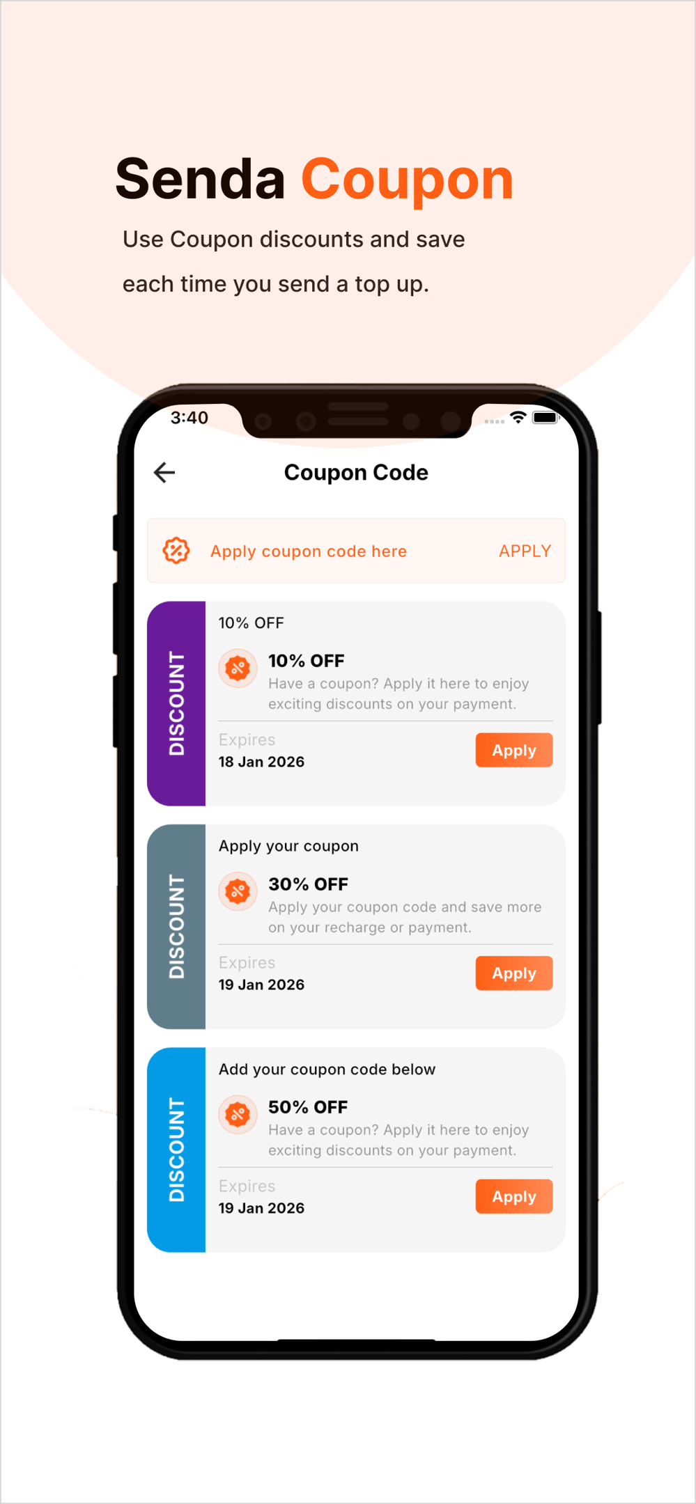 Senda Coupon app — Use coupon discounts and save each time you send a top up